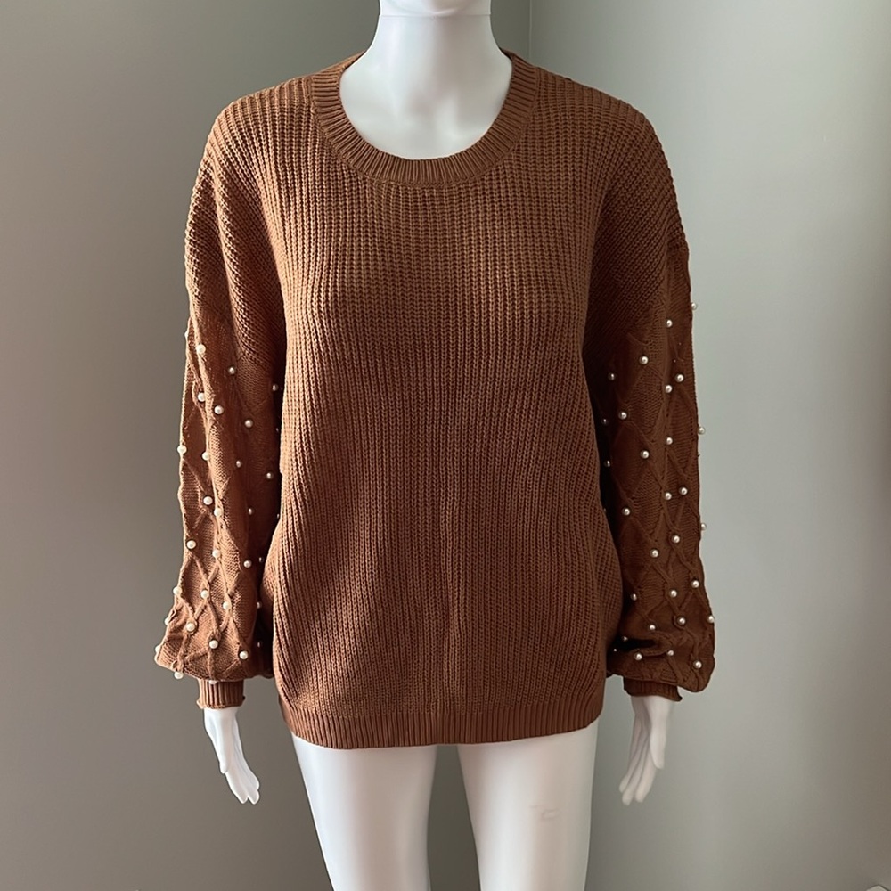 SHEIN LUNE Brown Crewneck Sweater with Pearl Accented Sleeves Size 6 - Picture 7 of 8